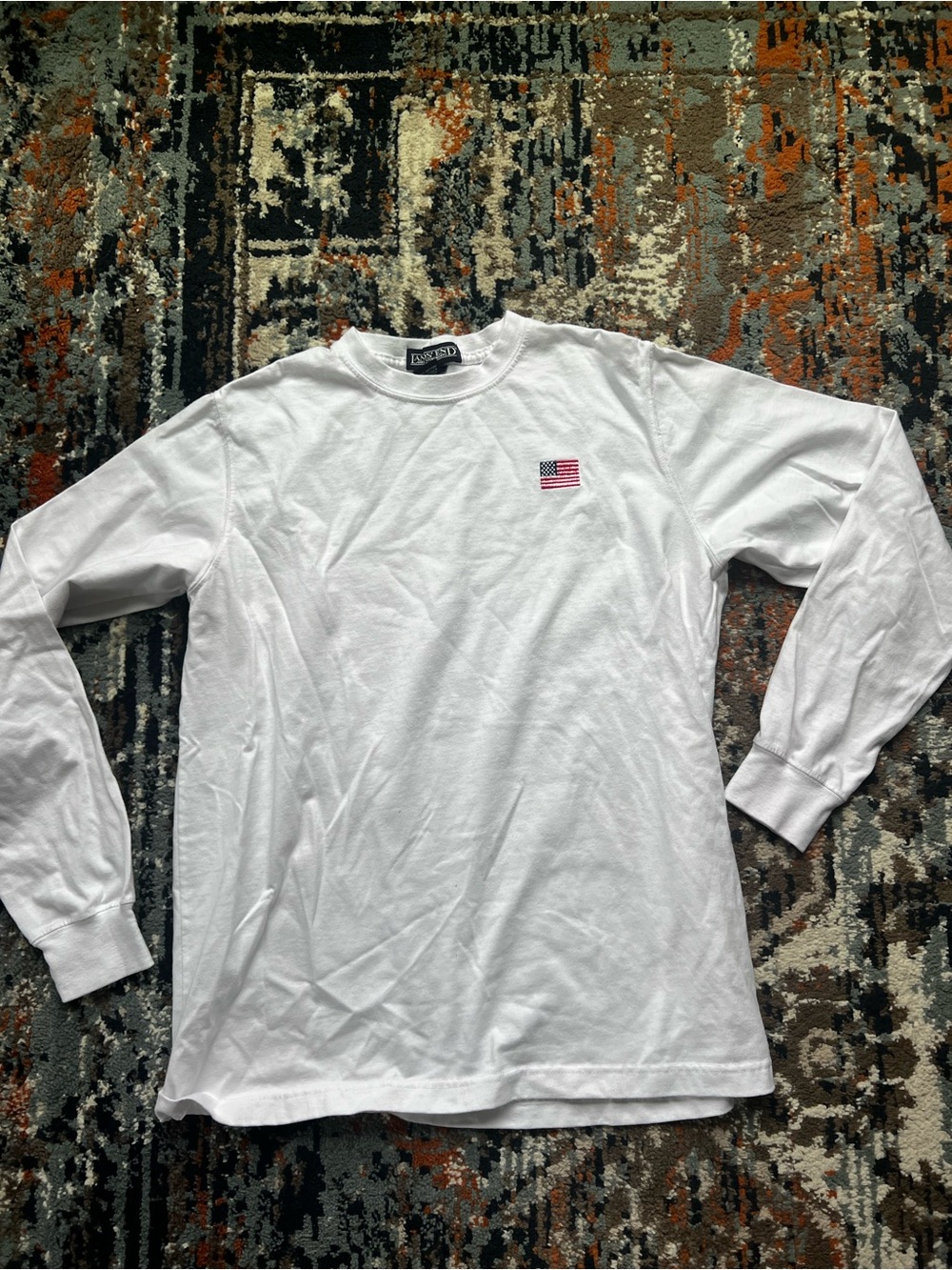 Lands' End White Long-Sleeve Tee with Small American Flag Patch
